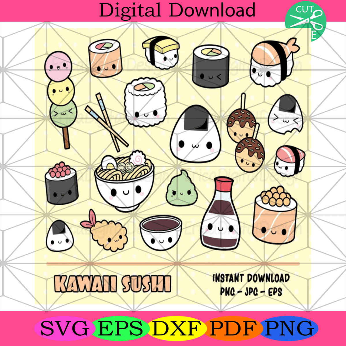 Sushi kawaii Bundle SVG, Cute sushi Svg, Onigiri, Nigiri, Maki, Ramen ...